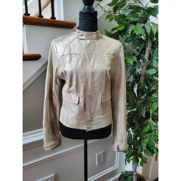 bebe Jackets & Blazers - Bebe Women's Metalic Beige 100% Leather Long Sleeve High Neck Front Zip Jacket L